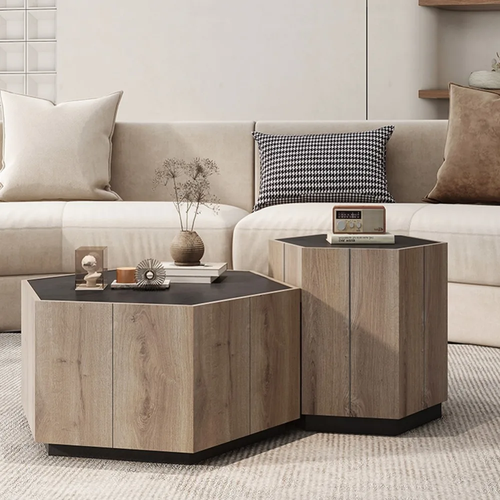 Sechseckiger Couchtisch aus heller Eiche mit 2 Schubladen und strukturierter schwarzer Tischplatte