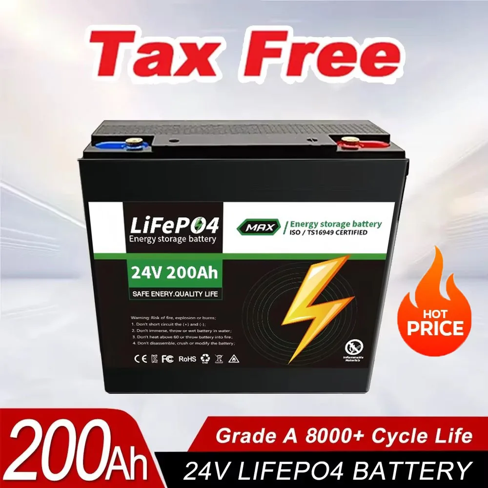 

New 200Ah 24V LiFePO4 Lithium Iron Phosphate Battery Built-in BMS 8000+ Cycles Times for Solar Marine Overland Off-Grid use