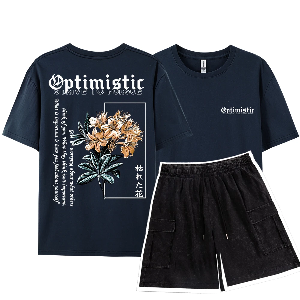 

Optimistic Strive To Porsue Harajuku Flower Printing Male Tshirt Set Oversized Loose TShirts Suits Cotton Tee Breathable T-Shirt