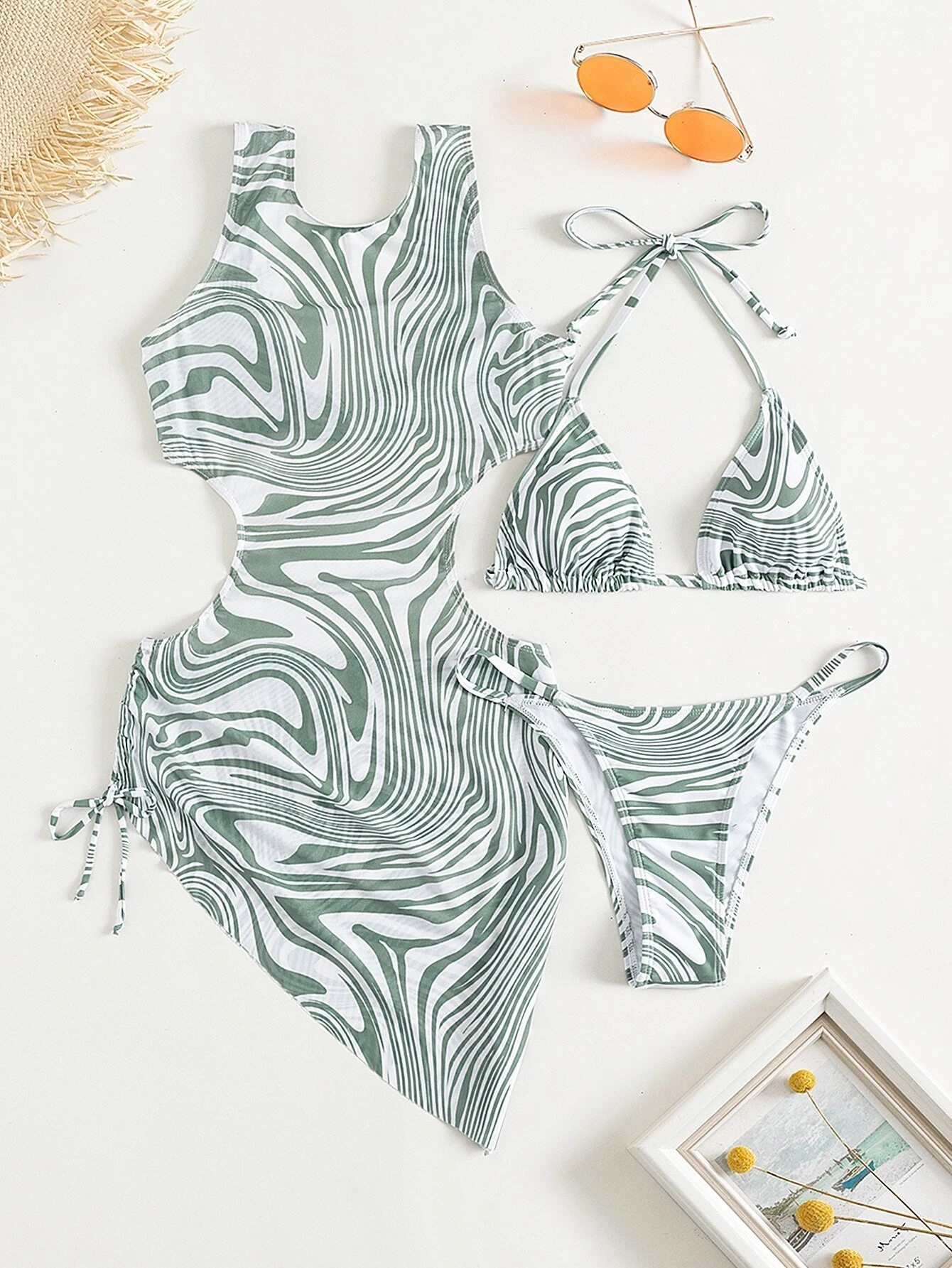 3 Pieces Graphic Print Bikini 2024 Swimsuit Women & Cut Out Cover Up Swimwear Female Beachwear Bathers Bathing Swimming Suit