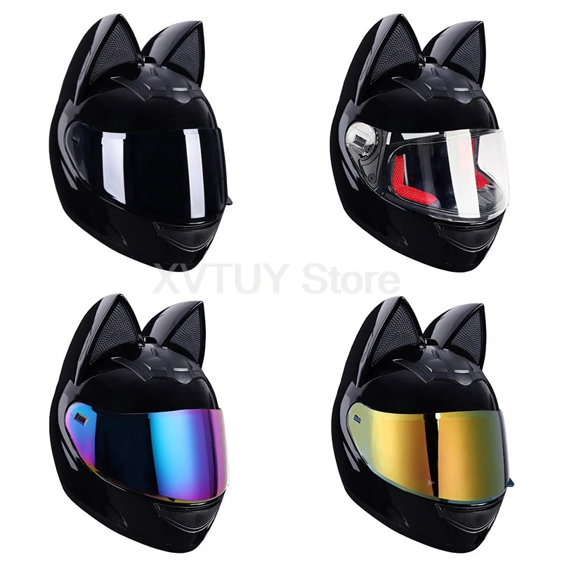 

4Pcs Set Motorcycle Helmet for Men Women Universal Full Face Helmet Electric Bike Helmet with Cat Ears Design Safety Protection