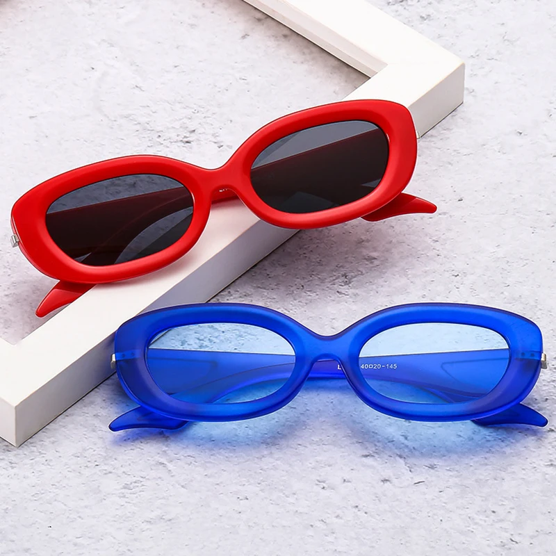 SO&EI Ins Popular Fashion Oval Sunglasses Women Retro Brand Designer Shades UV400 Men Blue Champagne Sun Glasses