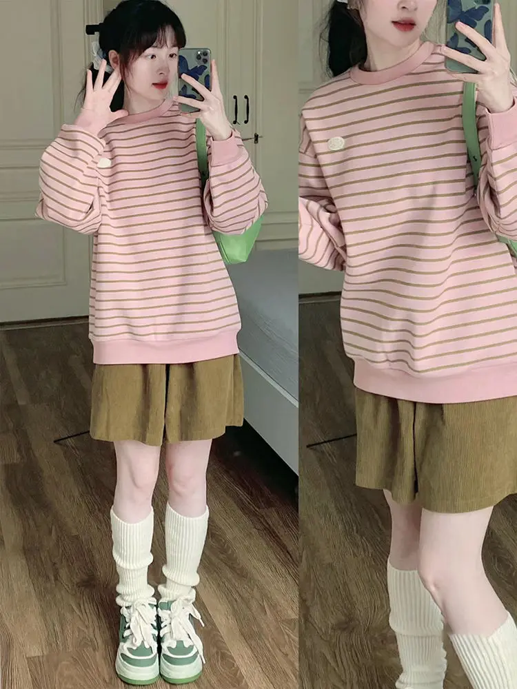 Pink Striped Sweatshirts Women Harajuku Sweet Cute Tender Girls College All-match Ulzzang Loose Sudaderas Y2k Clothes Panelled