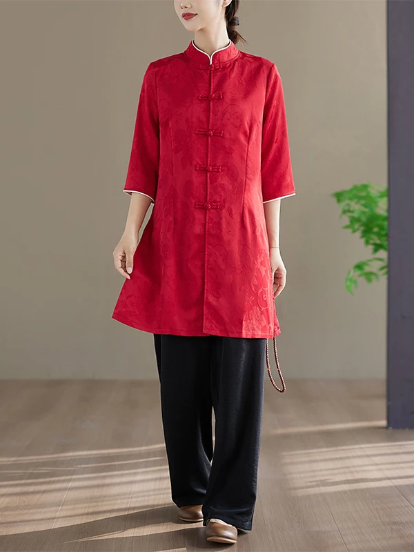 

Новый праздничный комплект в китайском стиле: модная хлопково-льняная рубашка миди с пуговицами на рукавах и повседневные брюки с эластичным поясом, комплект из двух предметов