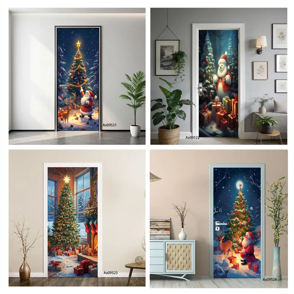 Hristmas Holiday Theme Door Cover, Santa Claus Christmas Tree Winter Snow Scene Door Sticker Wall Decals Home Decoration