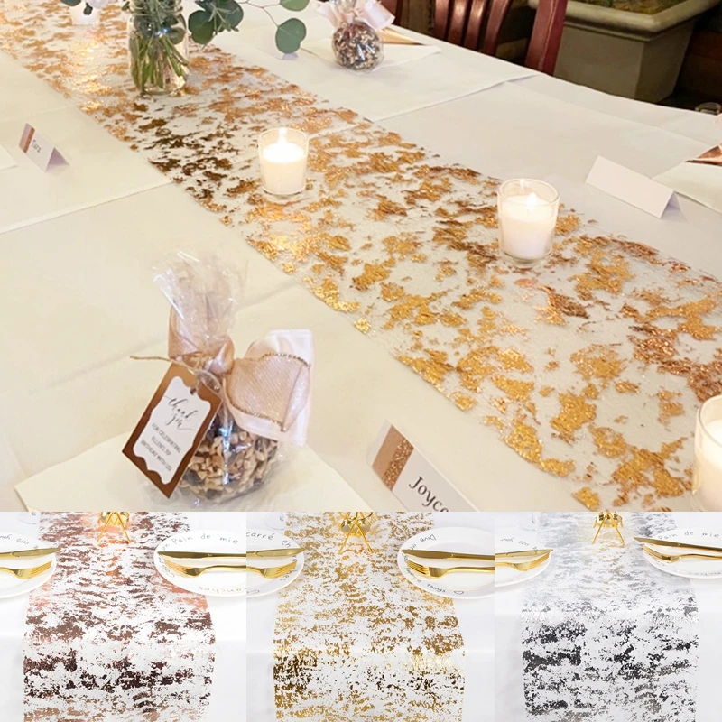 Sparkle Gold Thin Table Runner Rose Gold Silver Sequin Glitter Foil Thin Mesh Roll Tablecloth Wedding Birthday Party Decorations