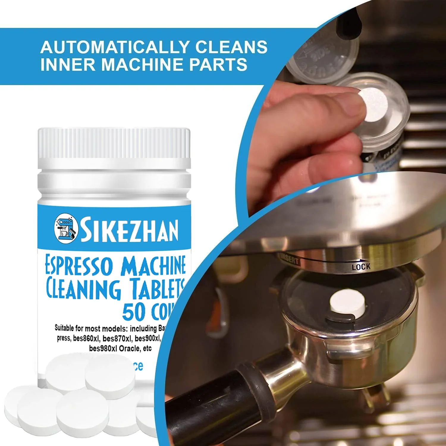 50Pcs Espresso Machine Cleaning Tablets & 6Pcs Charcoal Water Filters Set Descaling Clean Pills for BES870XL BES860XL Barista
