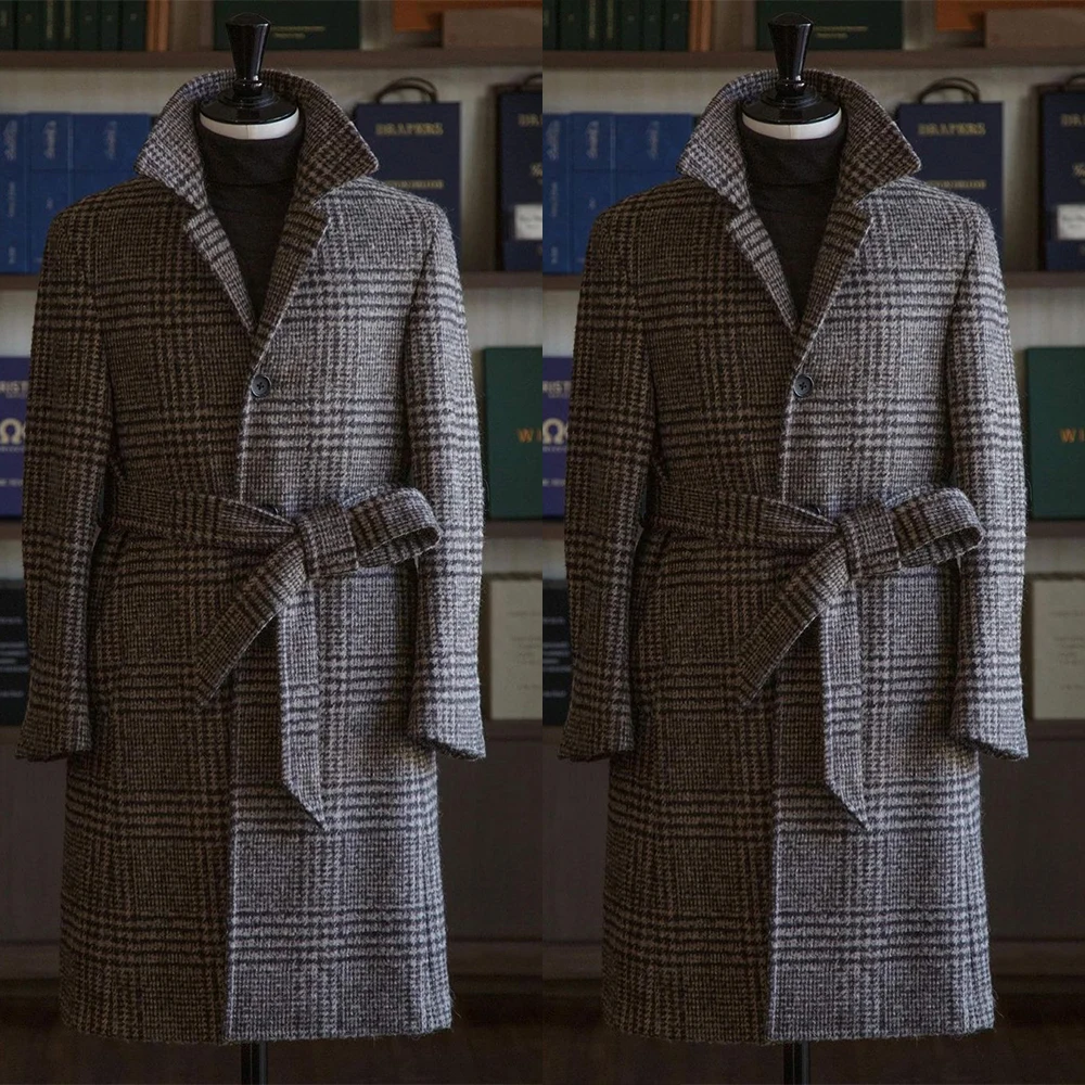 Plaid Houndstooth With Belt Men Coat Tailor-Made One Piece Men Blazer Overcoat Jacket Winter Wedding Groom Causal Prom Tailored