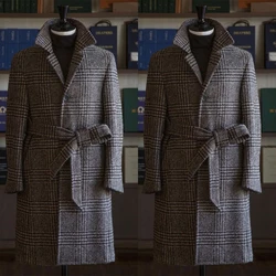 Plaid Hahnentritt Mit Gürtel Männer Mantel Tailor-Made One Stück Männer Blazer Mantel Jacke Winter Hochzeit Bräutigam Kausalen Prom zugeschnitten