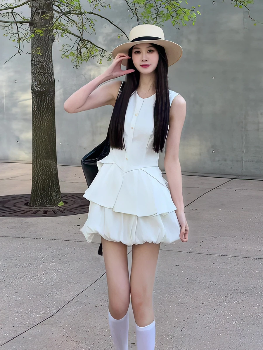 

Slim Fit High Waist Sleeveless Vest Top And Short Skirt Two Piece Set Women's Fashion Summer Style Pleated A-Line Dress