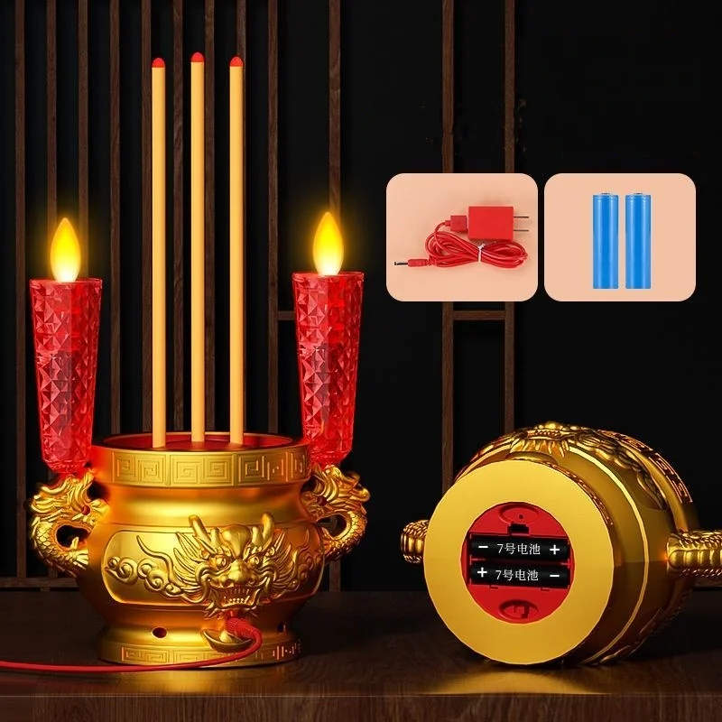 Golden Electronic Incense Burner With 2 LED Candles,Home Prayer Lamp For God Of Wealth,Buddhist Festivals Decorative Candlelight