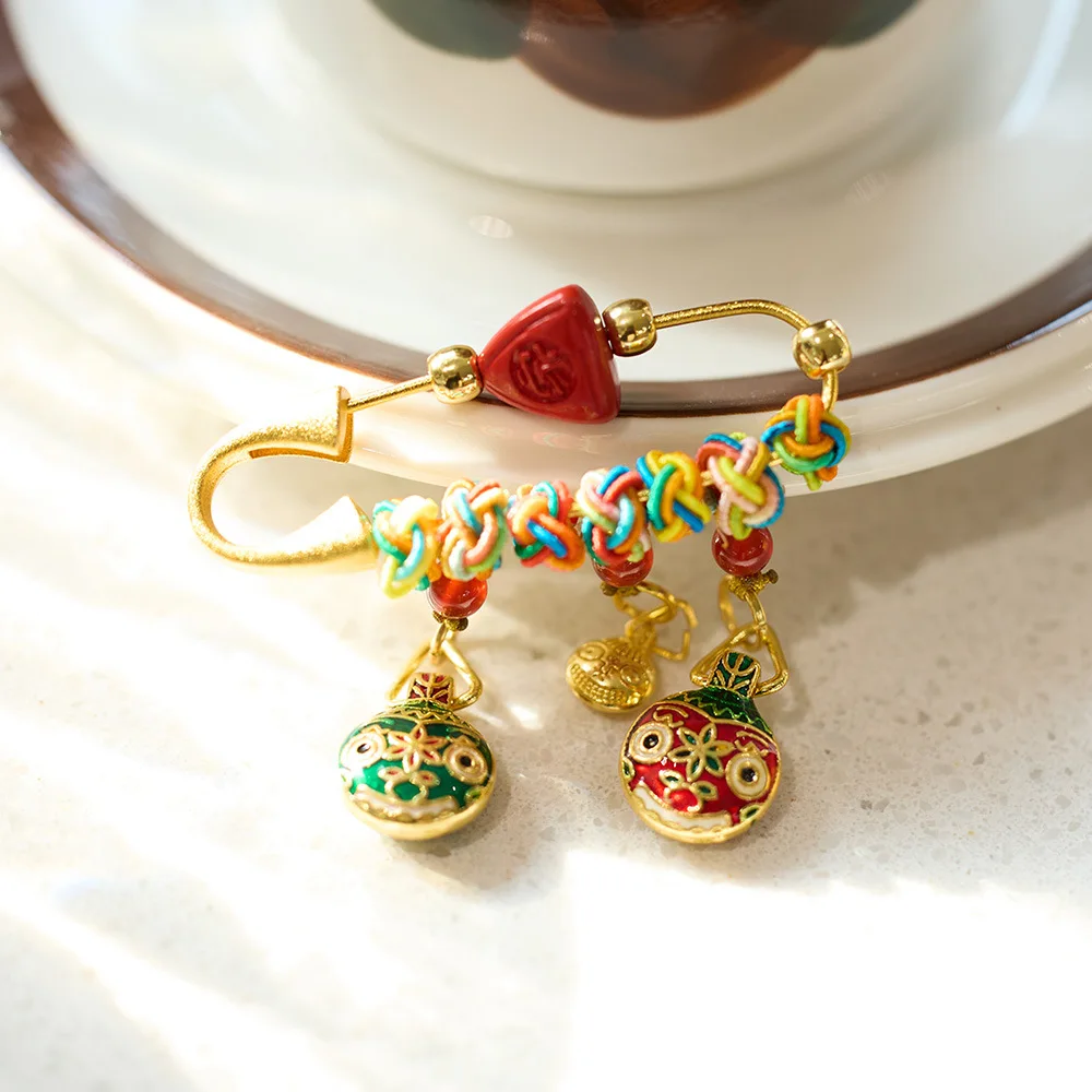 Chinese Style Lucky Wealth Attracting Gold Swallowing Beast Family Brooch Natural Cinnabar Colorful Woven Rope Enamel Pin For