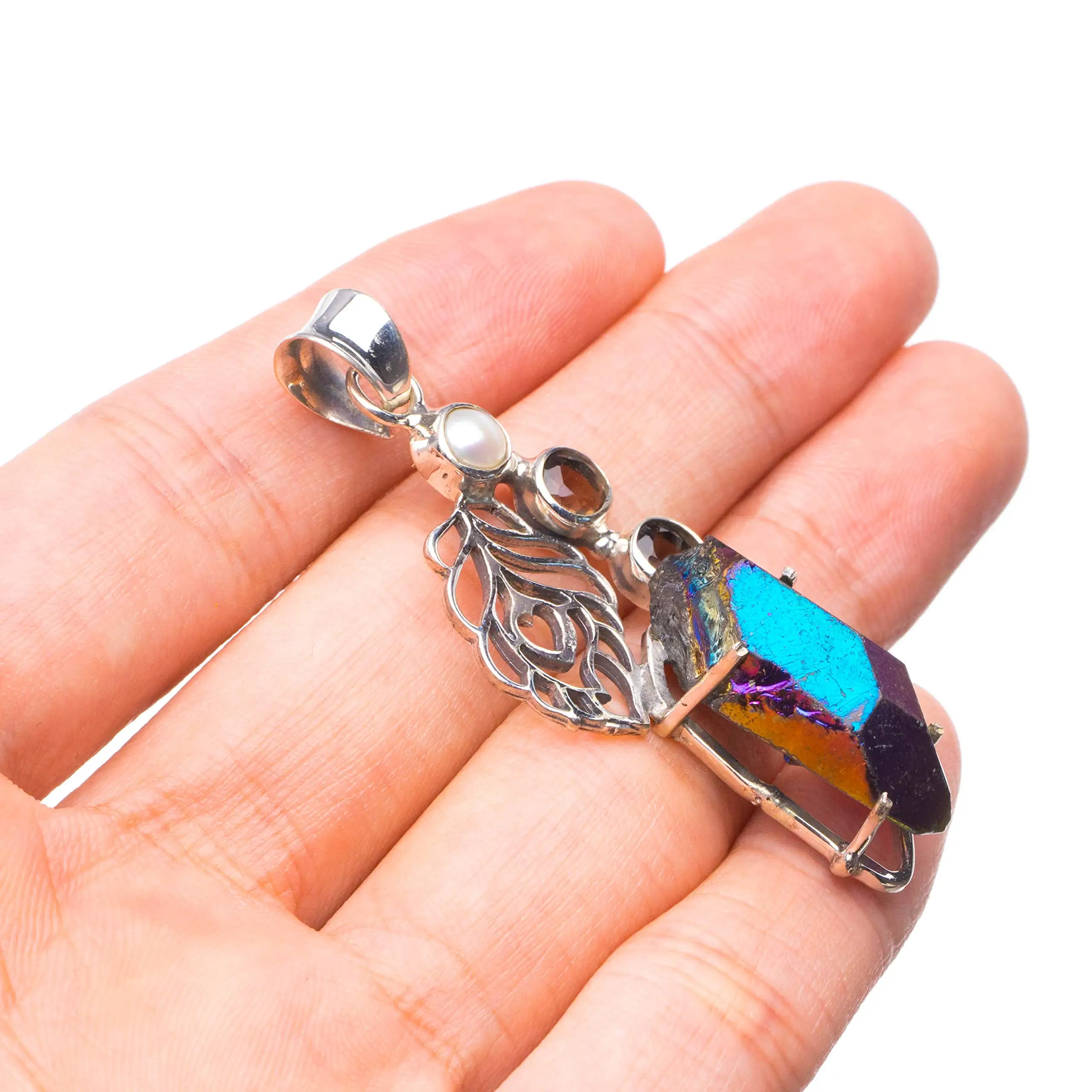 StarGems® Natural Rainbow Dichroic Glass,Smoky Quartz and River Pearl Leaf Shape 925Sterling Silver Pendant 2 1/4