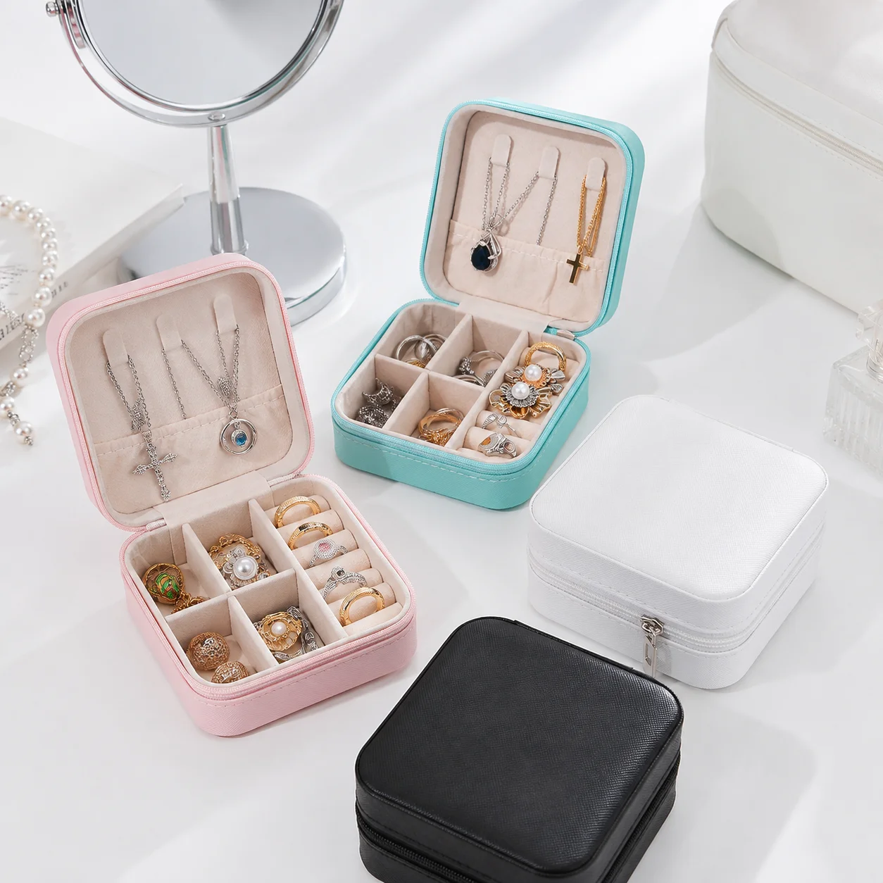 Tragbarer Schmuck-Organizer aus PU-Leder mit mehreren Fächern, Reise-Reißverschlusstasche für Ringe und kleine Accessoires – Detail 6