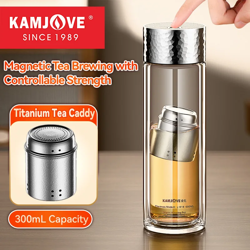 KAMJOVE 2025 T-18 Magnetic Suction Tea Cup,New Portable and Heat-resistant Double-layer Glass Cup,Tea Separation Water Cup 300ML