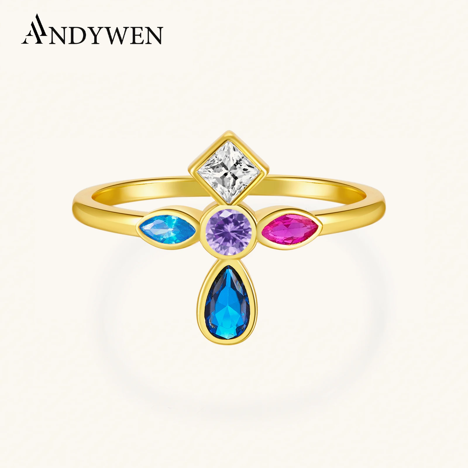 

ANDYWEN 925 Sterling Silver Five Color Cross Rings Women Luxury Rainbow Luxury Fashion Fine Jewelry For Euorpean Luxury Crystal