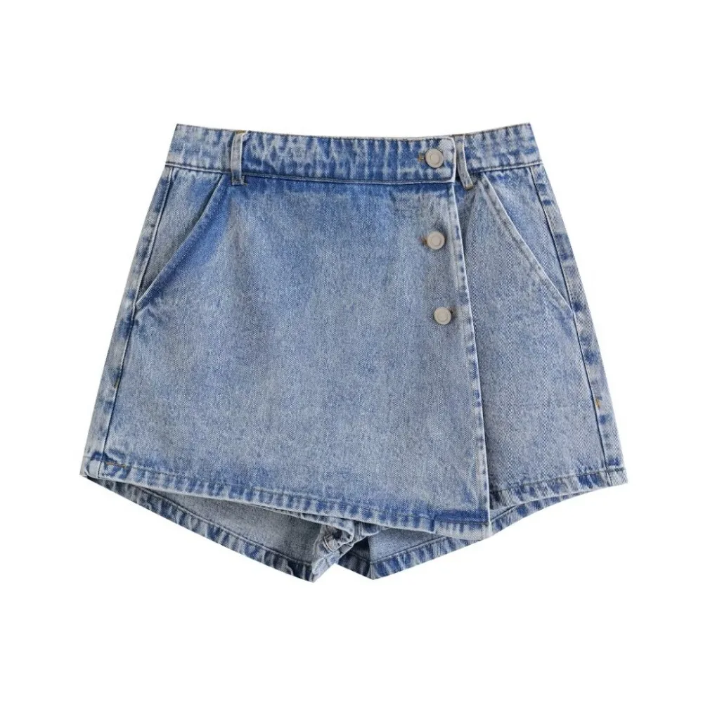 TRAF ZR Denim Hot Pants One Piece High Street Skort with Belt Loops Women's Front Wrap Shorts Y2k Casual Mini Jorts Jean Shorts