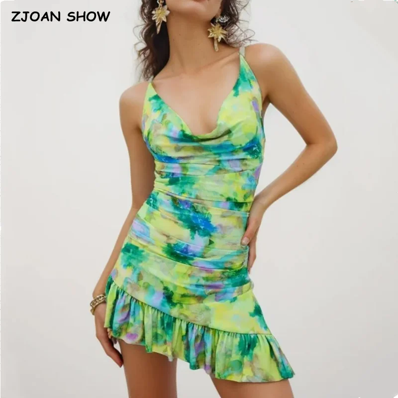 Mini Robe Oblique à Imprimé Floral Vert pour Femme, Tenue de Vacances Sexy à Bandage Croisé, Dos aux, Ourlet à Volants en Cascade, 2024