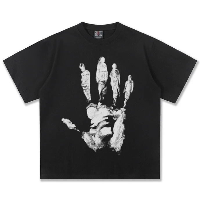 

American Original Palm Graffiti Printing 300g Pure Cotton Short-sleeved Men's and Women's Street Hip-hop Loose Couple T-shirt