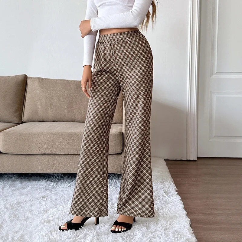 Chic Autumn Winter Simple Commuter Style Trousers Pants Plaid Slim-fitting Elastic High-waisted Micro-flared Trousers Women Y2K