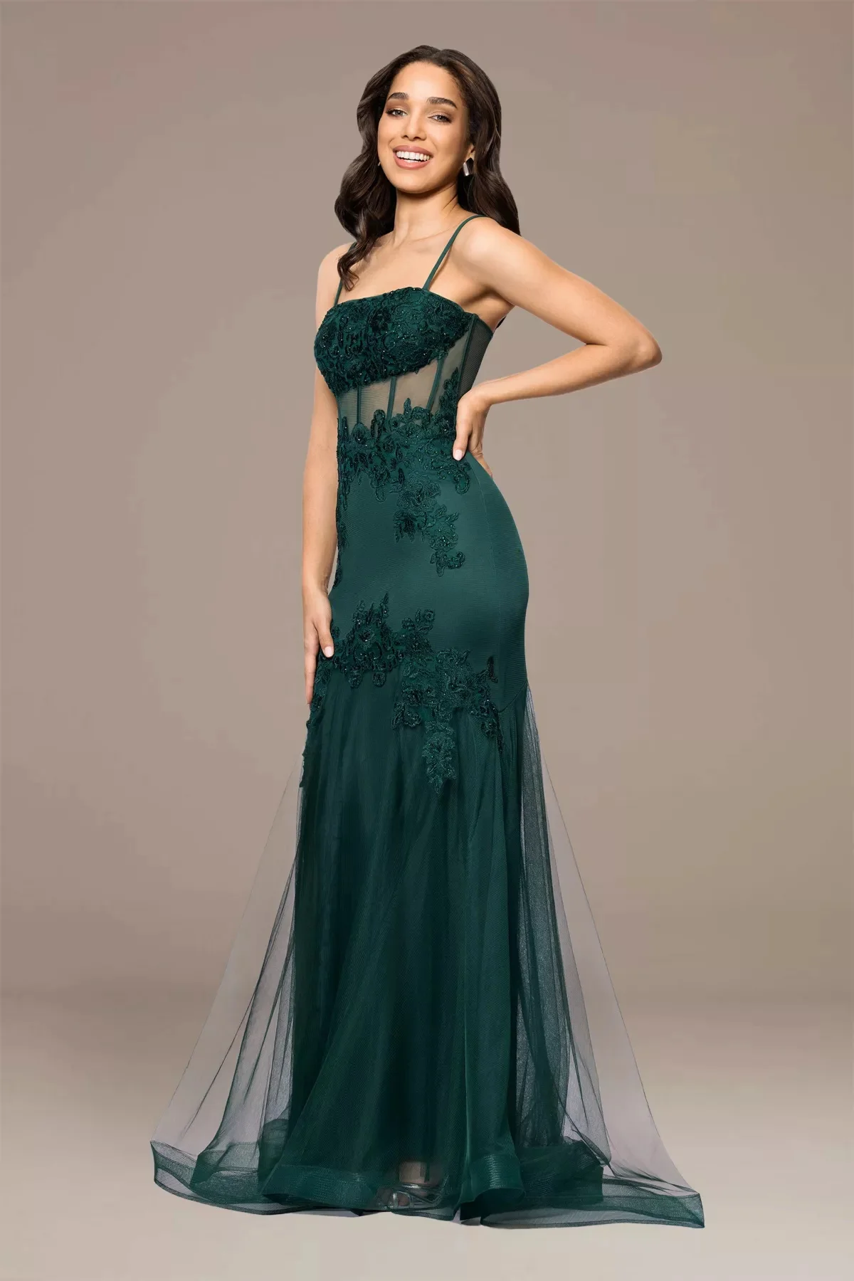 

Jirocum Formal Evening Dress Emerald Green Spaghetti Strap Lace-Embellished Sheer Panel Mermaid Gown for Prom Gala