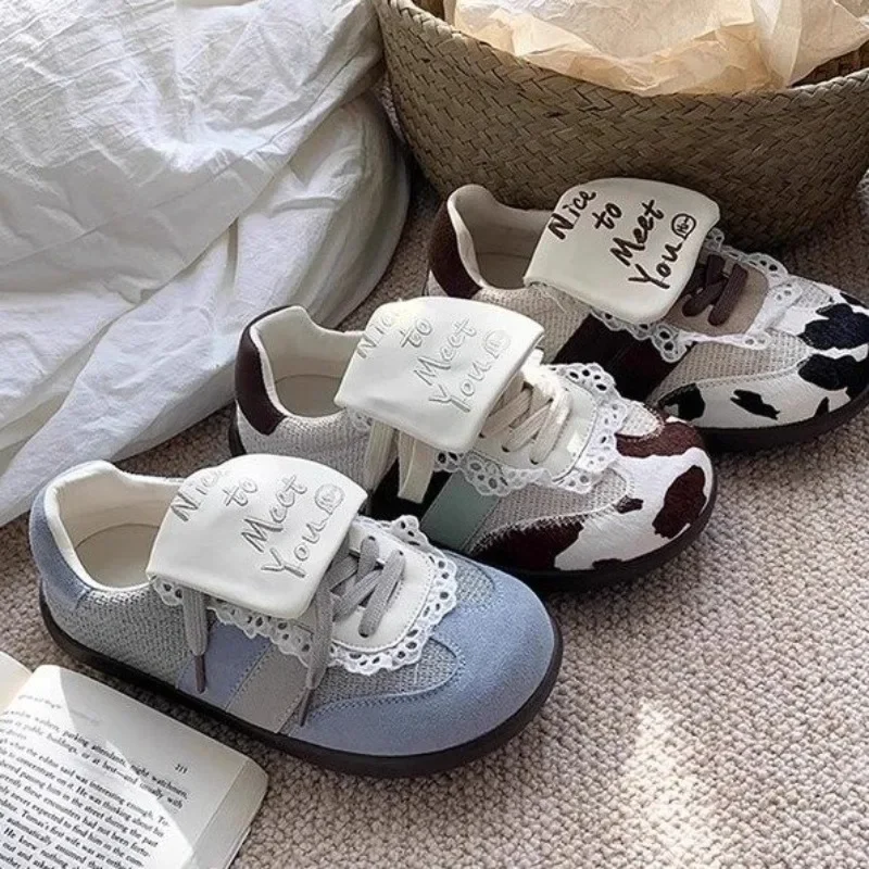 Women Lace Trim Flip-over Retro Trainers, Cow Print Color Block Flat Cute Casual Sneakers