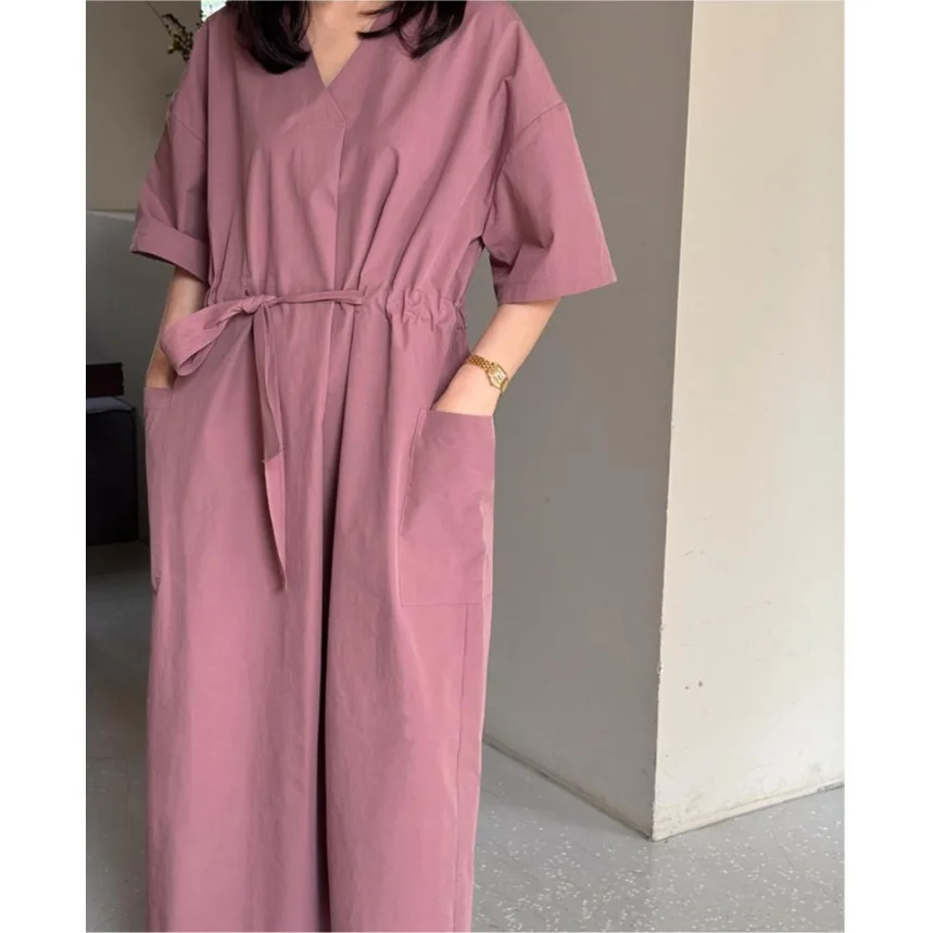 

Casual Commute V-ne ort Sve Dr with Big kets All-match Leisure Pure Color Korean Sle Women's Dr