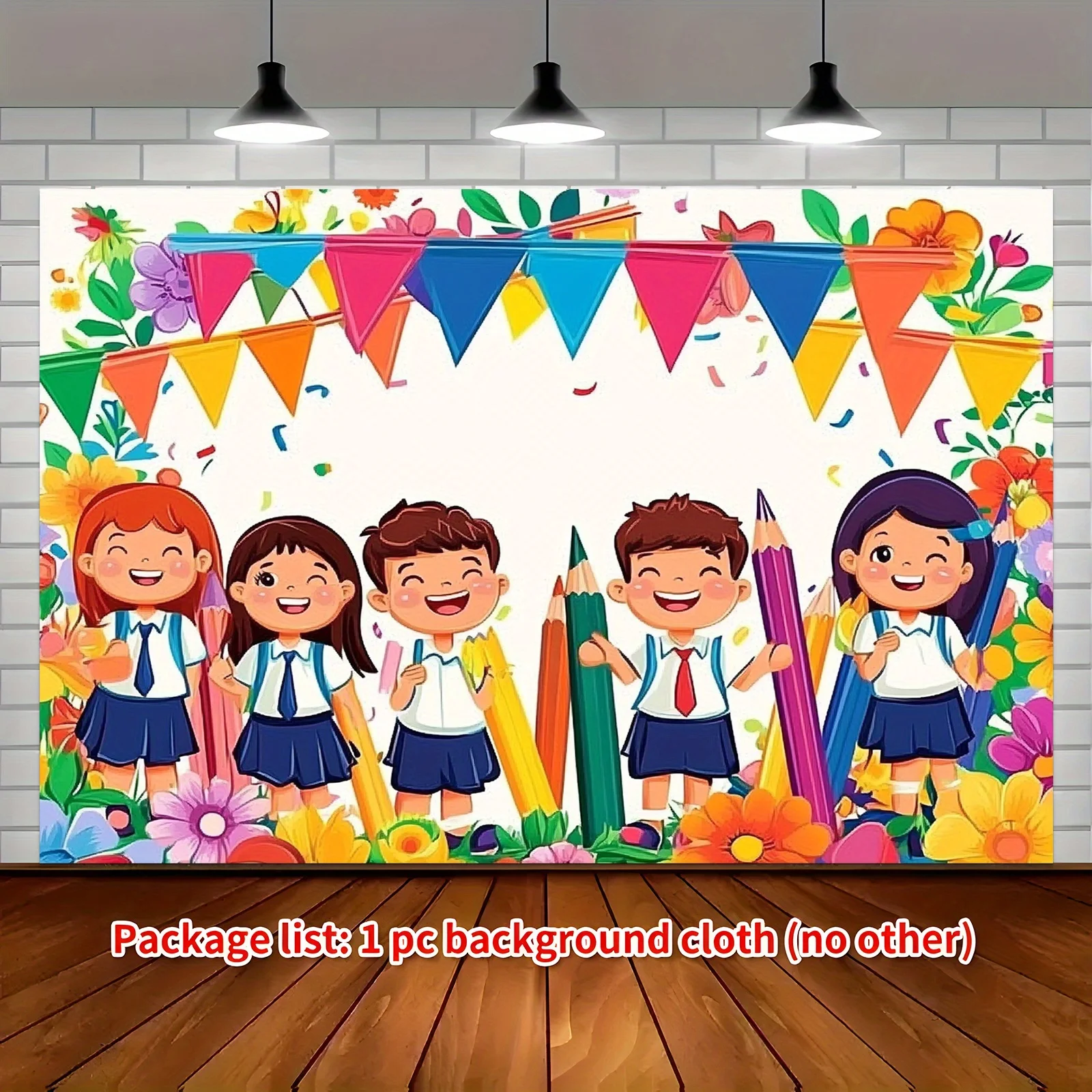 1 pieza de tela de fondo de cartel de fiesta floral de dibujos animados de regreso a la escuela de estudiantes felices, 179,83 × 229,87 cm, pancarta de fiesta