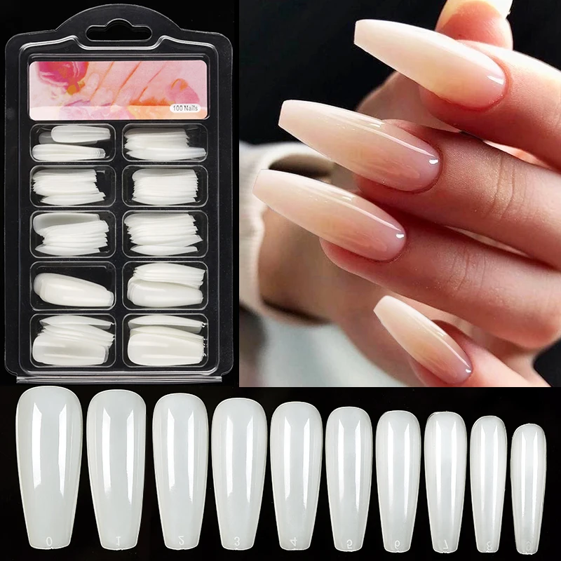 100pcs/box Natural Fake Nails Clear White Full Coverage Extension False Nails Tips T-shaped Water Drop Full Sticker For Nails