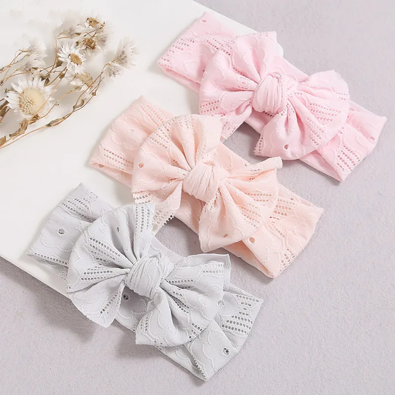 Hollow Bow Baby Headband Solid Color Nylon Elastic Wide Hairbands 0-2Year Boy Girl Bowknot Headdress Kids Hair Accessories image 4