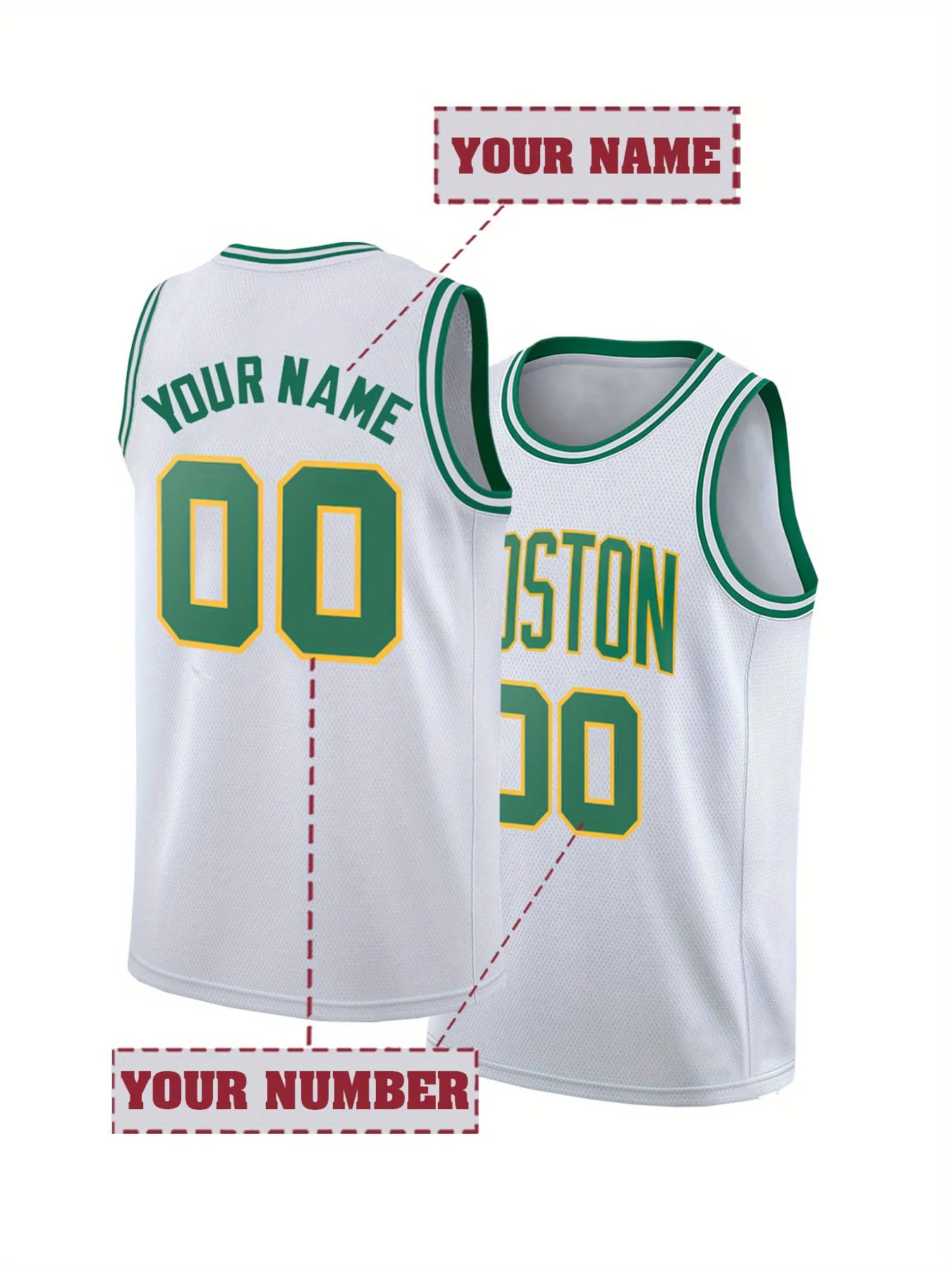 

Customized Name&Number Men's Embroidered Basketball Jersey Boston White Round Neck Personalized Sleeveless Shirt Men Tank Top