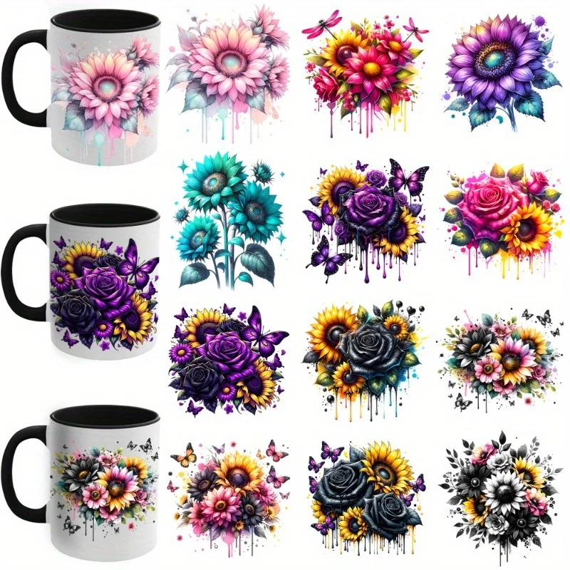 12 Stück wunderschönes Blumen-UV-DTF-Dekorpapier – wasserfestes UV-DTF-Transferpapier für Kunst und Handwerk, Heimwerken