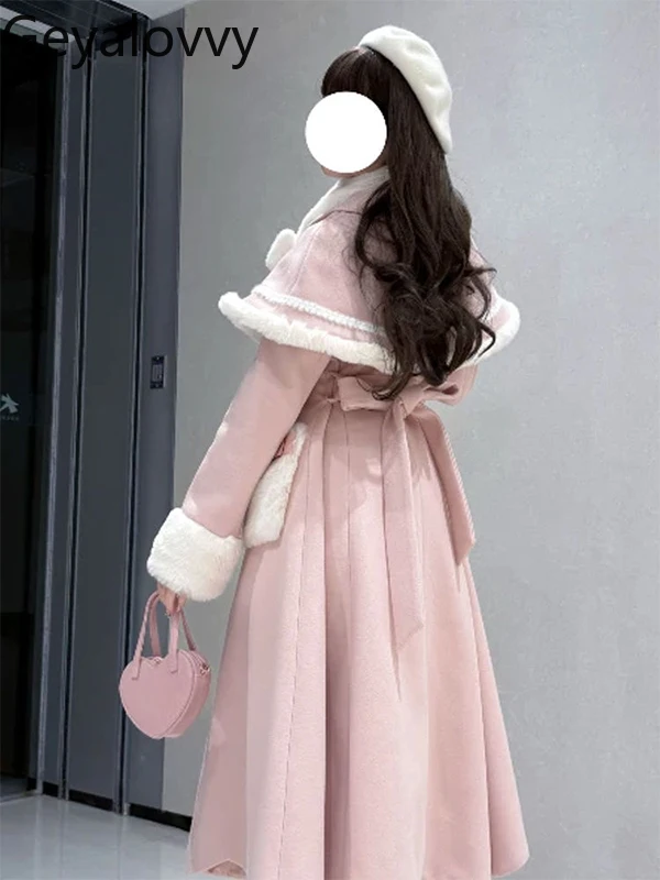 الوردي منتصف طول مبطن انفصال كيب معطف على شكل ثوب الخريف الشتاء لوليتا فتاة حلوة الدانتيل متابعة عالية الخصر التخسيس ماكسي فساتين