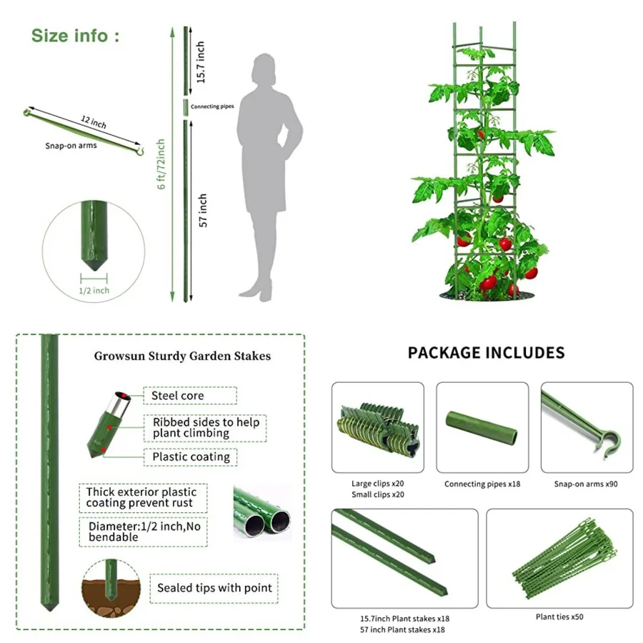 

Tomato Cage for Garden, Upto 73 inch 6 PackTall Tomato Trellis Garden Stakes Plant Support, 5ft Stake add 18 inch Adjustable St
