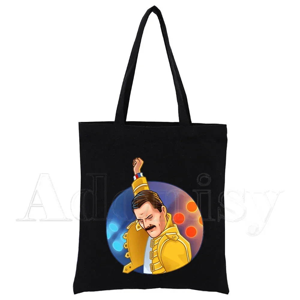 Queen Freddie Mercury Shopping Bag Print Original Design White Unisex Fashion Travel Canvas Bags Black