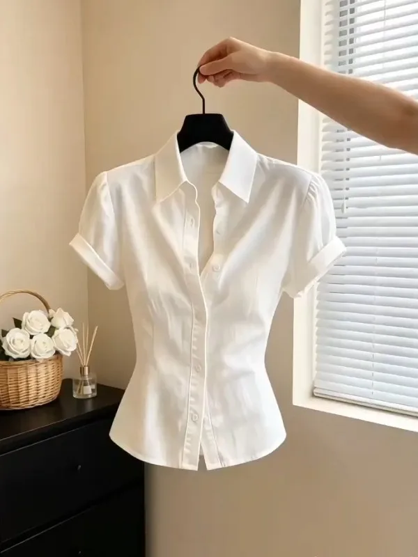 

Elegant White Slim Fit Shirt with Buttons Short Sleeve Turn-down Collar Women's Fashion 2026 Summer New Style Thinming Shirt