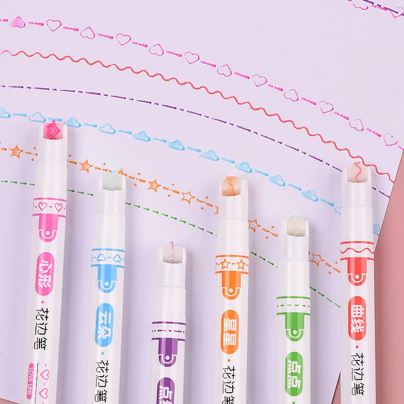 6pcs Wave Line Art Marker Pens Set Color Love Star Cloud Point Stamp Liner Highlighter for Drawing Diary School F157