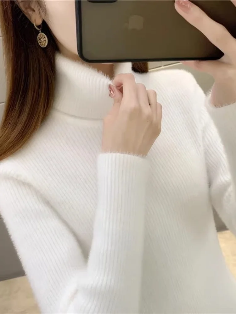

Женский облегающий вязаный свитер с высоким воротом, осенне-зимняя новинка, базовая модель в корейском стиле, простой и универсальный.