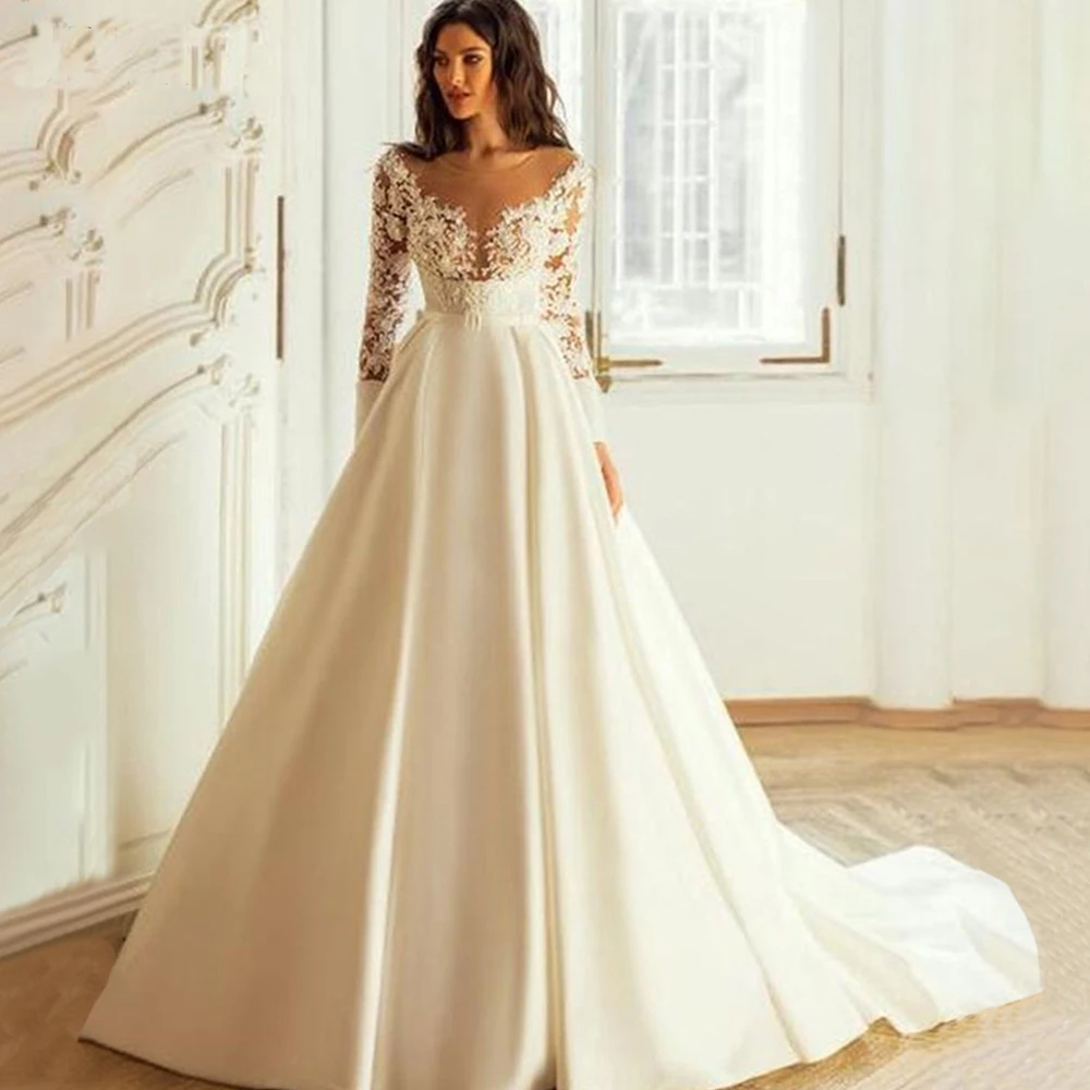 Vestidos de noiva elegantes mangas compridas para as mulheres 2023 princesa a linha vestidos de noiva feitos sob encomenda do laço apliques cetim robe de mariee