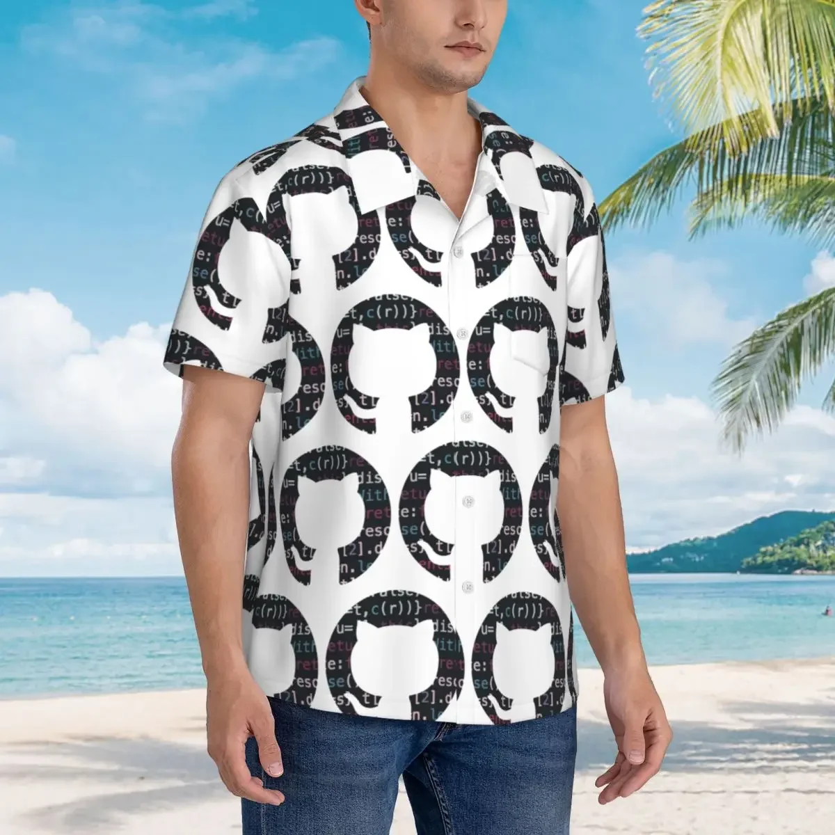 Github Code Logo Hawaiian Shirts Fashion Men Short Sleeve Shirt for Summer Beach Men's Button Tops