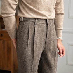 Mr. Lu San autumn and winter men's thick casual trousers British business retro high waist straight trousers warm crisp