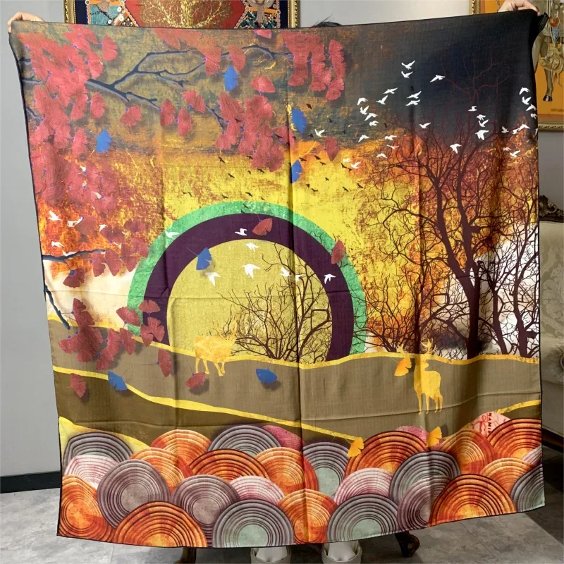 High-end Elegant Women Forest Sunset Abstract Oil Painting Double-sided Print Quality Silk Wool Hand-rolled Edge Big Scarf Shawl