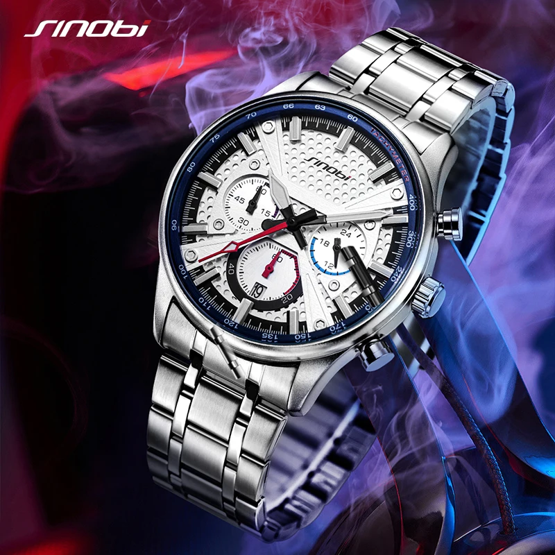 SINOBI New Arrival Fashion Mens Watches Chronograph Calender Casual Man\'s Quartz Wristwatches Luminous Hand Male Stainless Clock