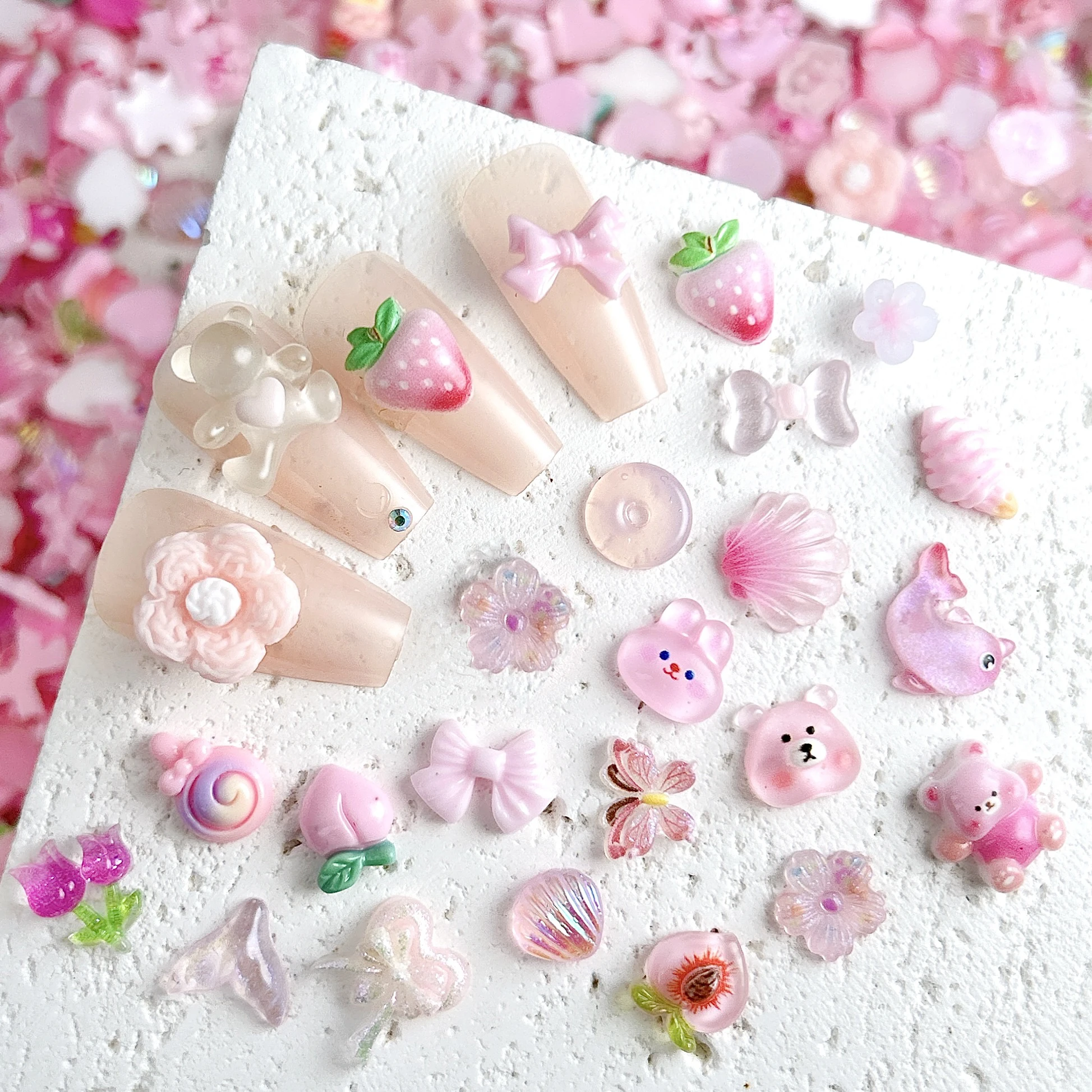 30個入り ランダムミックス ピンクシリーズ リボン ピーチ レジン ネイルチャーム 3D クリエイティブ スイートフラワー ロリポップ ミックス ネイルアートデコレーション DIY用