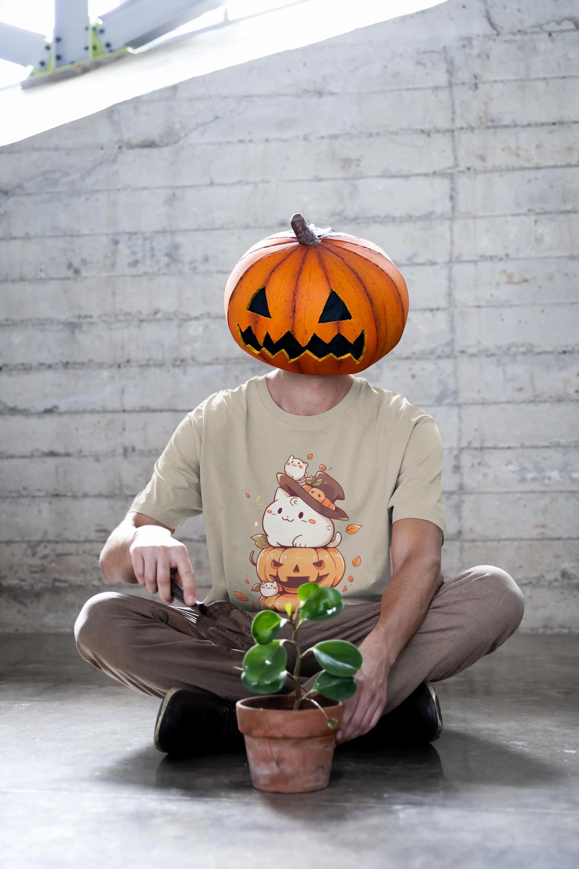 Halloween Kawaii Cat Stacked Pumpkin Pattern T-shirt Unisex Oversized Cotton Short Sleeved Autumn T-shirt