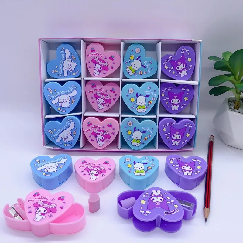 Imagem -05 - Sanrio Cartoon Storage Box para Estudantes Papelaria para Estudantes Single Hole Pencil Sharpener Kuromi my Melody Sharpener Borrachas 24 Pcs