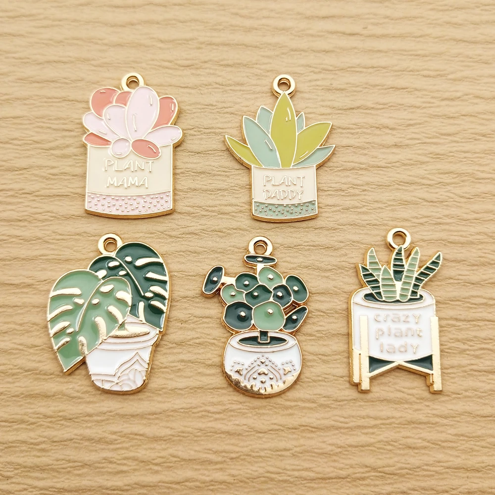 10pcs Pot Plant Charm for Jewelry Making Enamel Pendant Diy Accessories Zinc Alloy Gold Plated