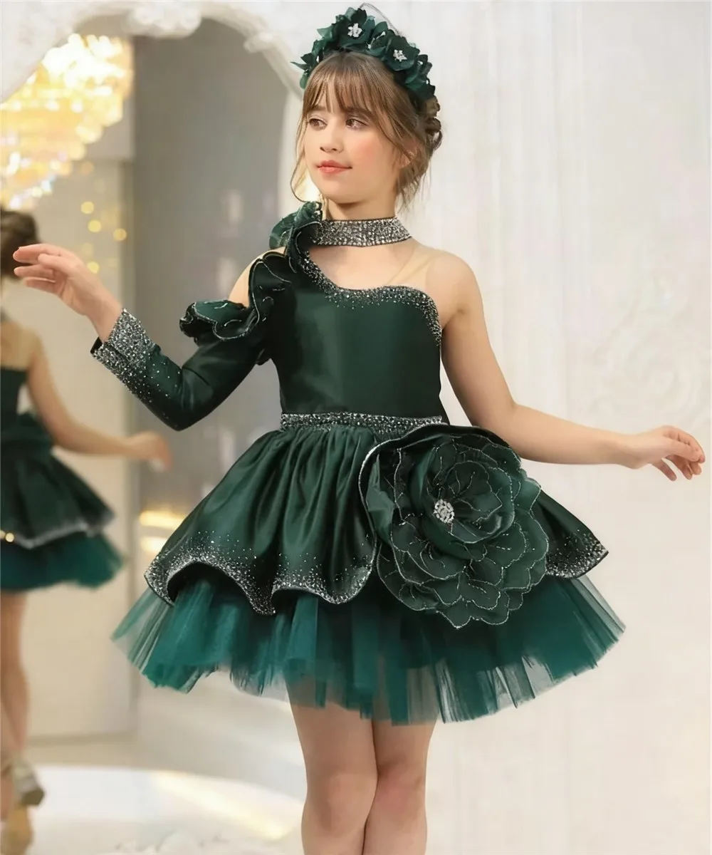 Elegant One Shoulder Flower Girl Wedding Dress Appliques Flowers Sequined Stage Performance Costume Evening Party Dress