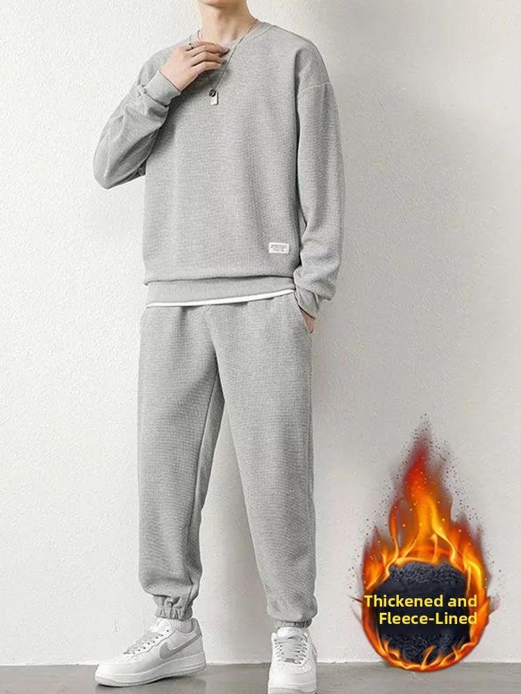 

Мужской повседневный спортивный комплект, большой размер, толстый мужской флей, осенне-зимний свитшот на подкладке, брюки, ансамбль