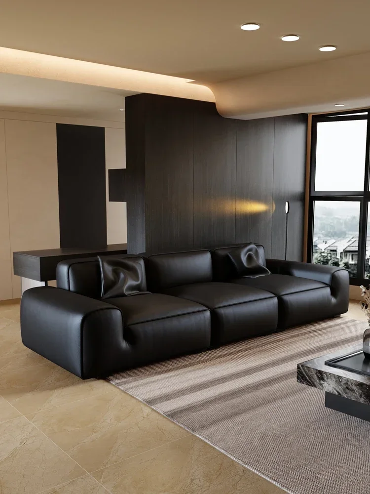 Italian minimalist leather sofa living room 2023 new black sofa head layer cowhide big black cow sofa